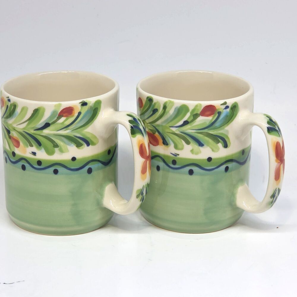 Gail Pittman Provence Southern Living Ceramic Mugs Set Of 2 Green Hand Painted